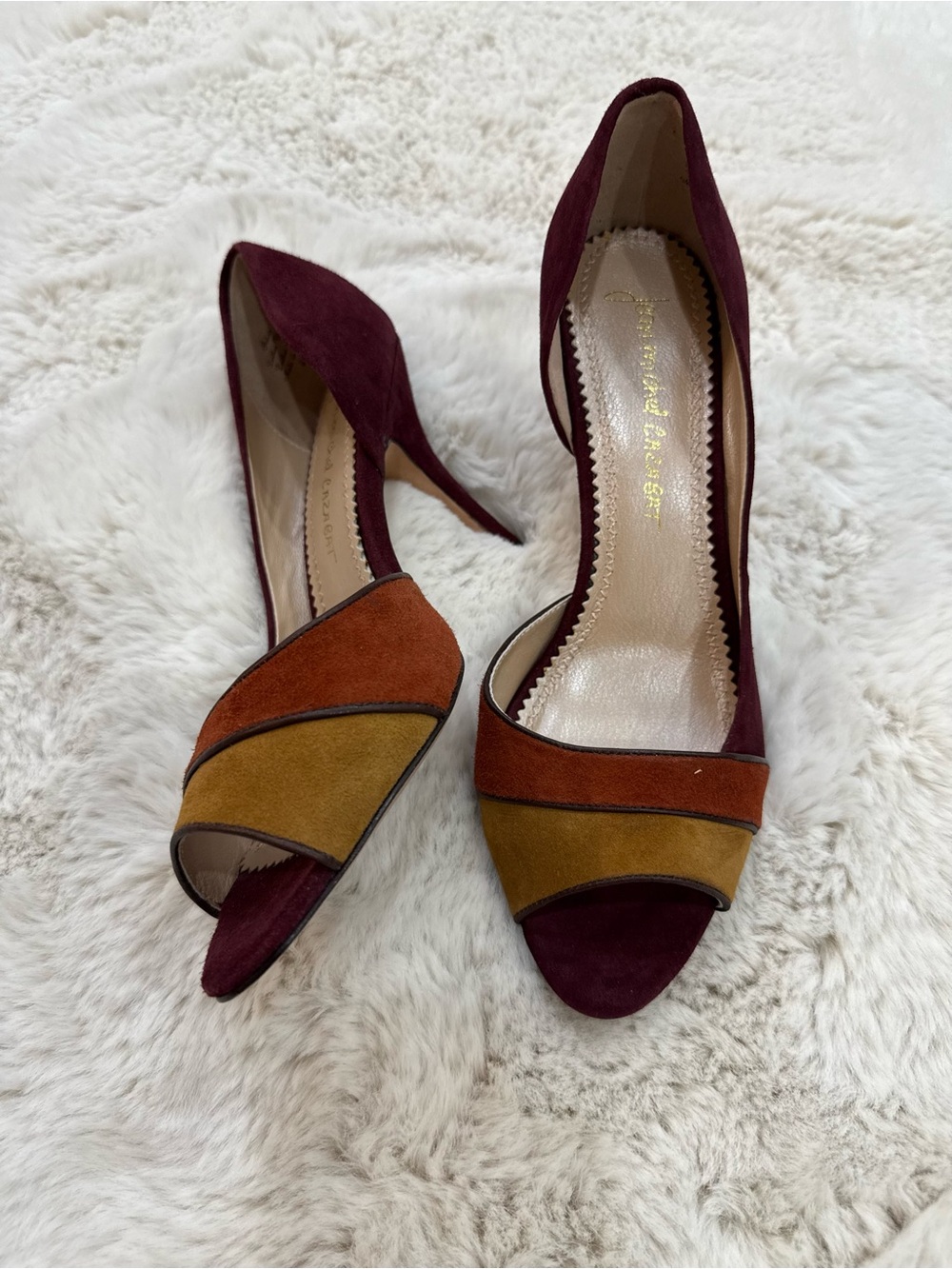 Suede Peep-Toe Pumps in Burgundy with Rust & Mustard Accents